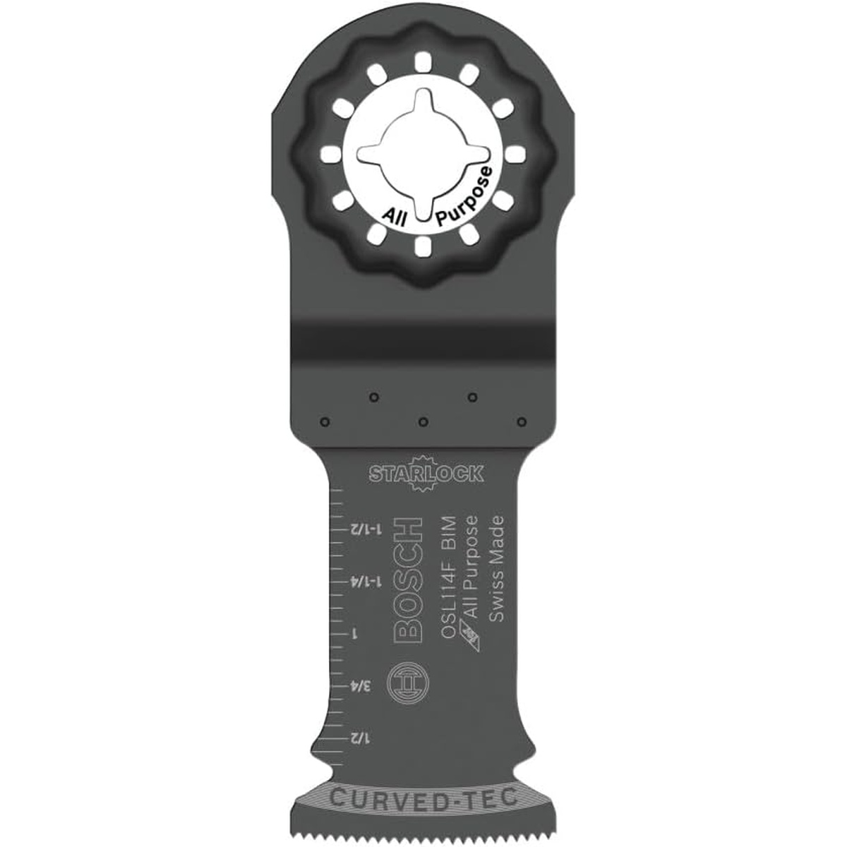 Bosch OSM114F 1-1/4 In. StarlockMax Bi-Metal Plunge Cut Blade showing the StarlockMax accessory interface for oscillating multi-tool use