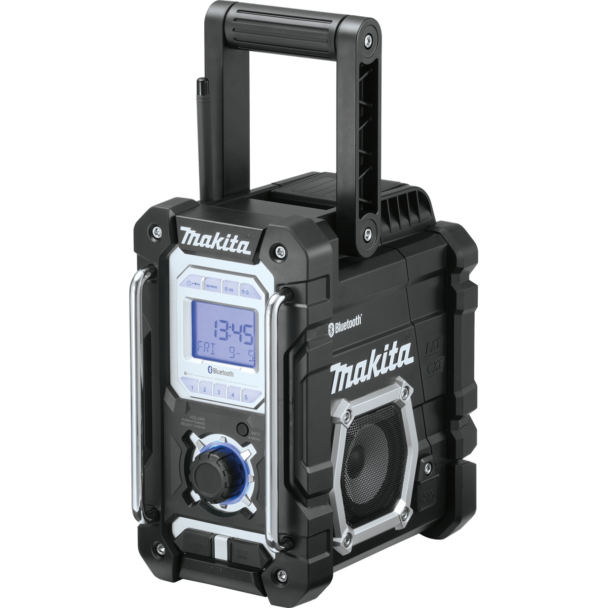 Makita XRM06B 18V LXT Lithium-Ion Cordless Bluetooth Job Site Radio with carry handle and side speaker, set up for portable jobsite audio in a workshop or construction setting