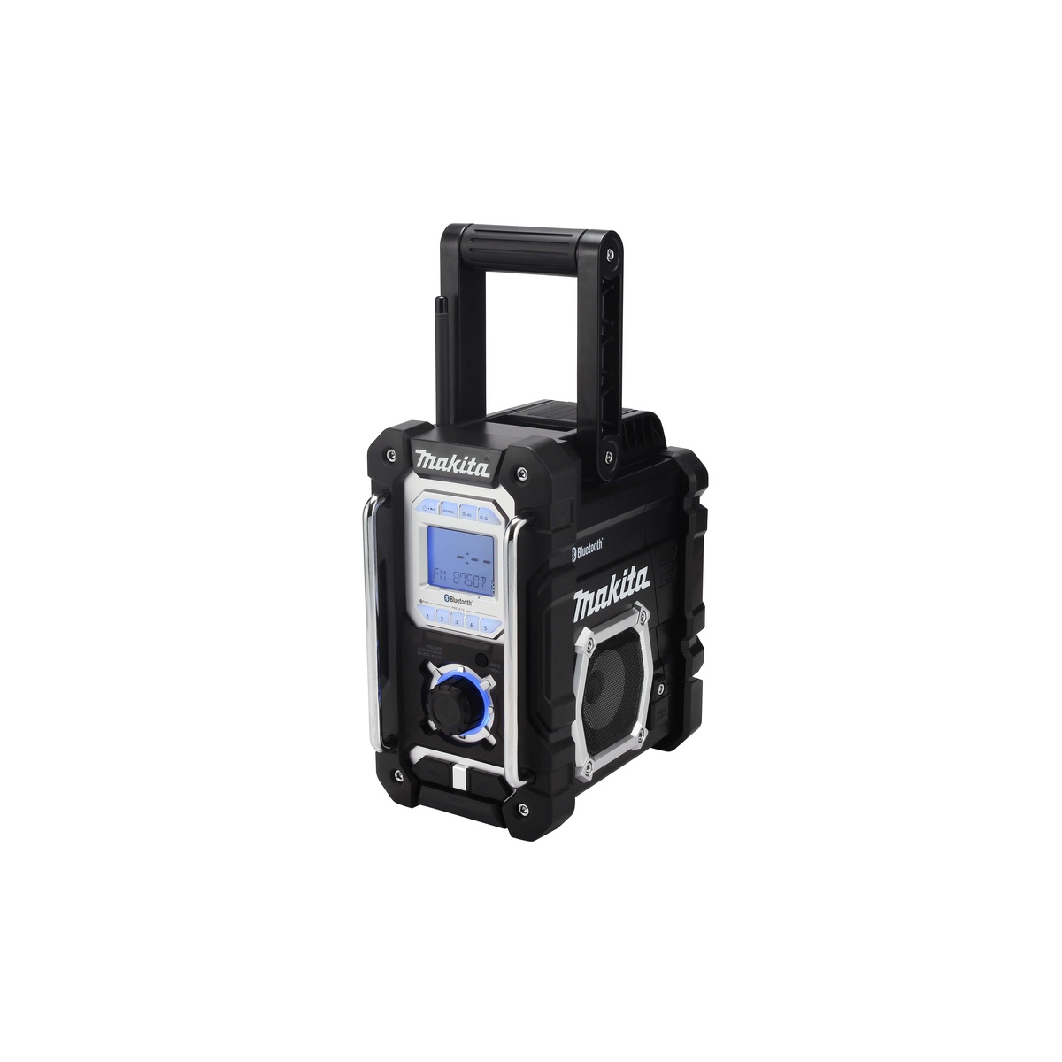 Makita XRM06B 18V LXT Lithium-Ion Cordless Bluetooth Job Site Radio showing front controls and speaker, ready for cordless music playback on a jobsite or garage work area