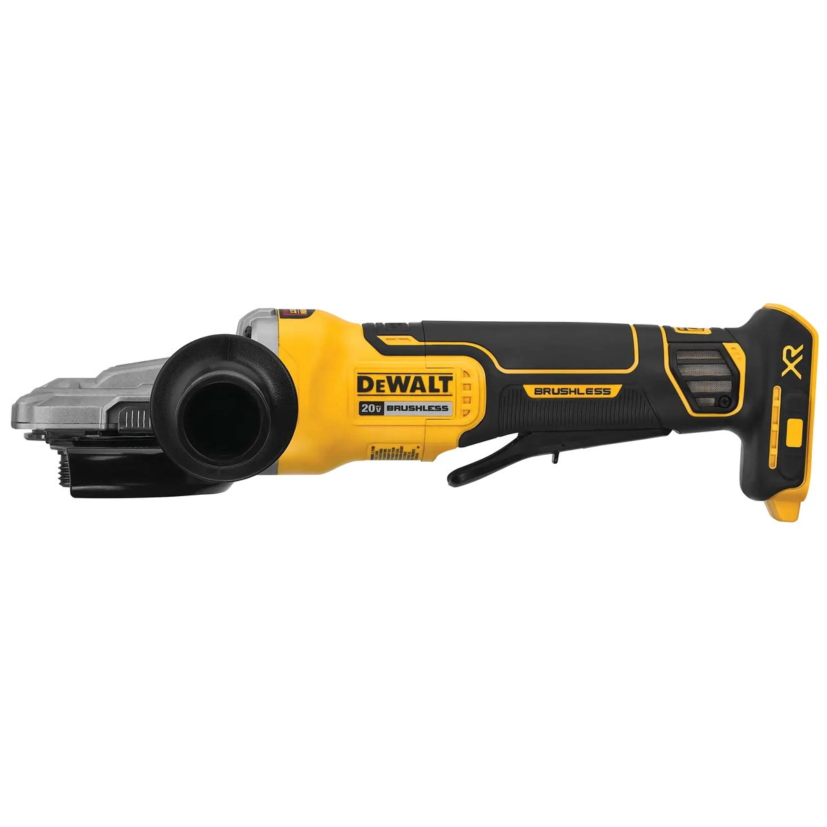 DEWALT DCG413FB 20V MAX XR 5 in. Flathead Paddle Switch Small Angle Grinder side profile for cordless metal fabrication, weld cleanup, and cutoff tasks