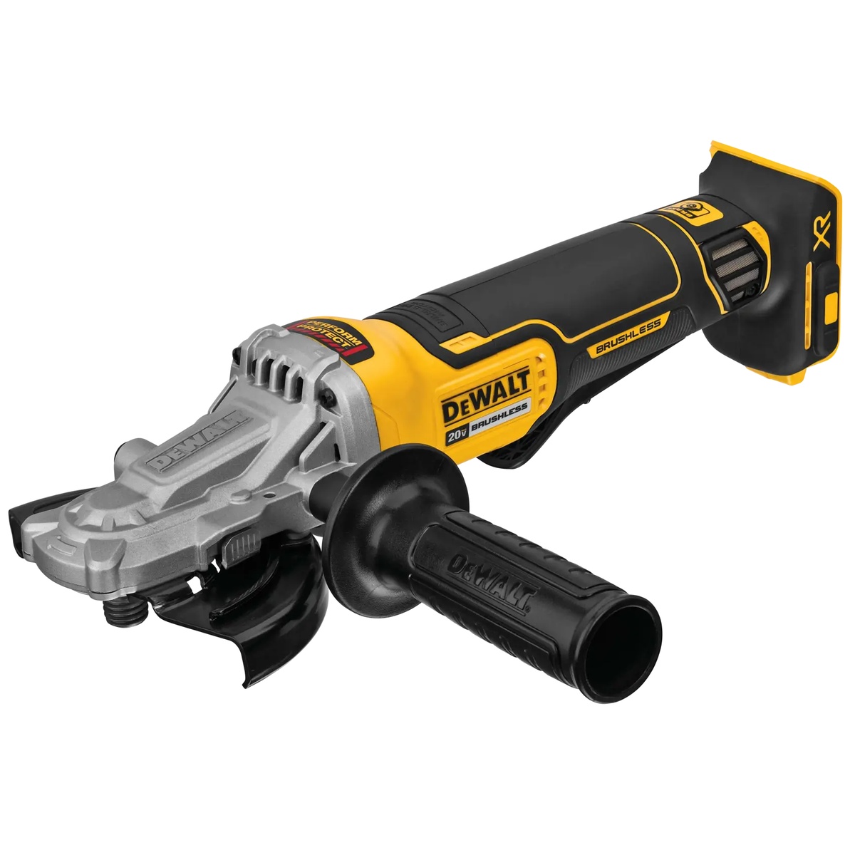 DEWALT DCG413FB 20V MAX XR 5 in. Flathead Paddle Switch Small Angle Grinder shown with side handle and guard installed for metal grinding and cutting work on the jobsite