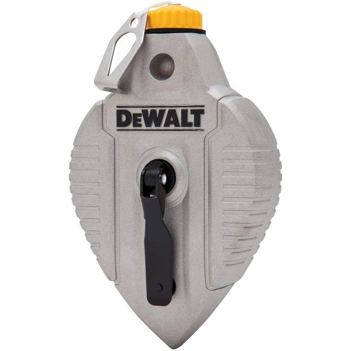 DeWALT DWHT47256 100 ft Cast Aluminum Chalk Reel showing the die-cast aluminum body used for construction layout and marking tasks on the jobsite