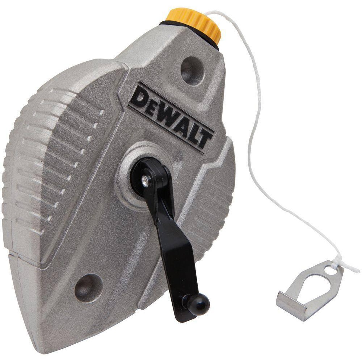 DeWALT DWHT47256 100 ft Cast Aluminum Chalk Reel with line extended for marking and layout work on framing and remodeling jobs