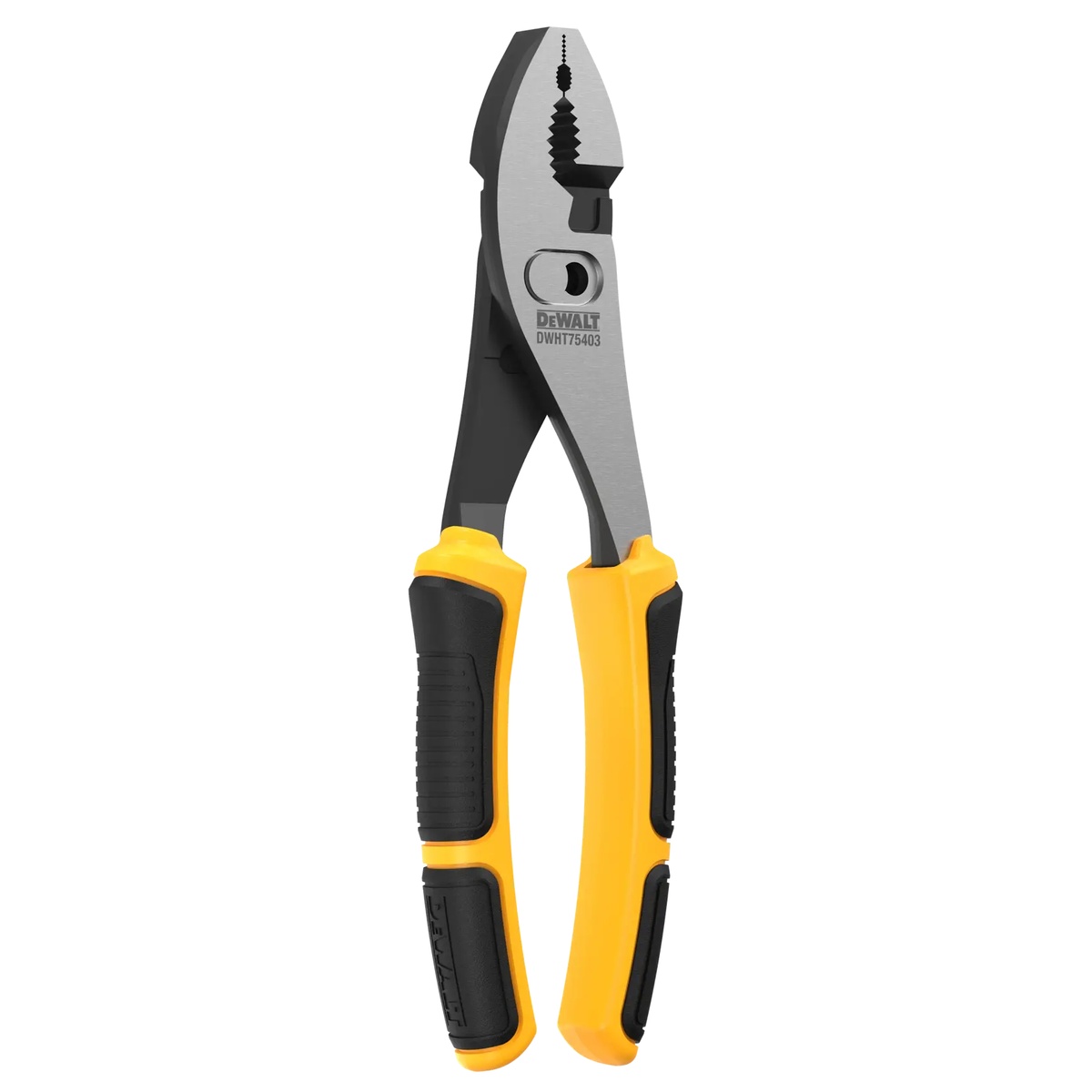 DeWALT DWHT75403 8 in. Flush Rivet Slip Joint Pliers showing the flush rivet head and gripping jaws for tight-space repair and adjustment work