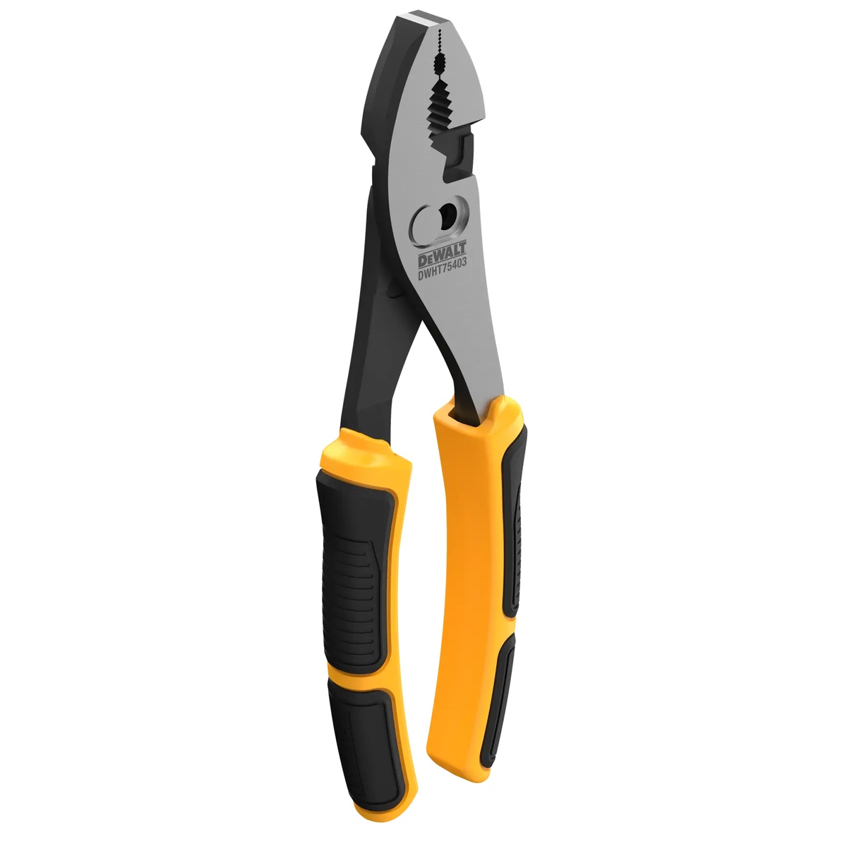 DeWALT DWHT75403 8 in. Flush Rivet Slip Joint Pliers highlighting bi-material handles and jaw profile for general jobsite gripping tasks