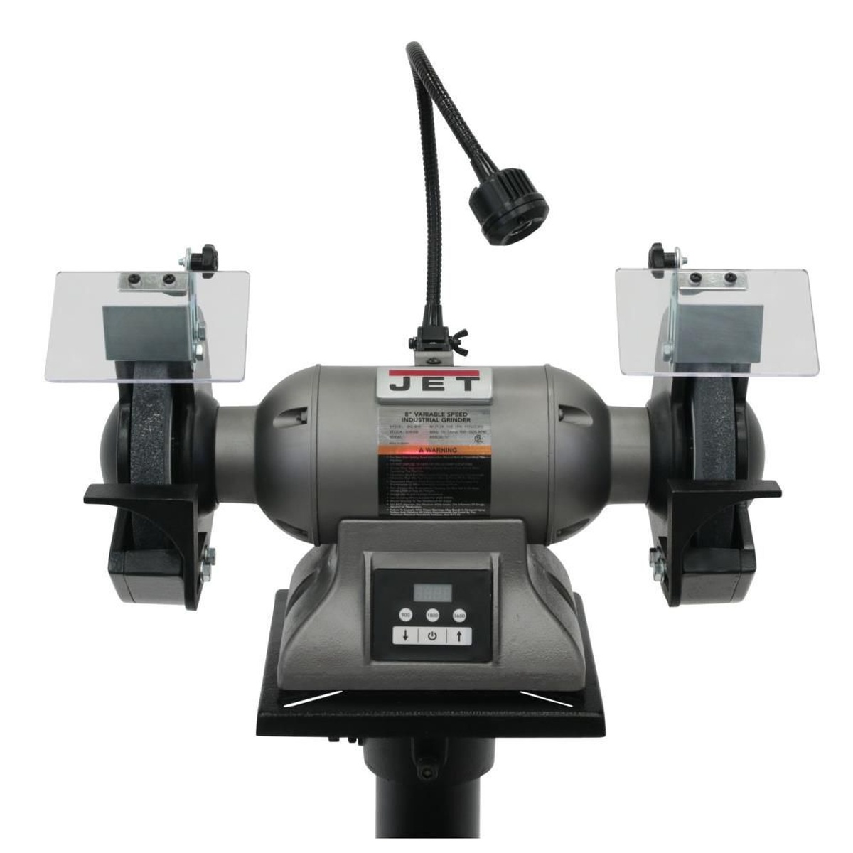 Jet 578208 IBG-8VS 8 Variable Speed Industrial Grinder mounted for shop grinding work with dual wheels, eye shields, work light, and bench setup context