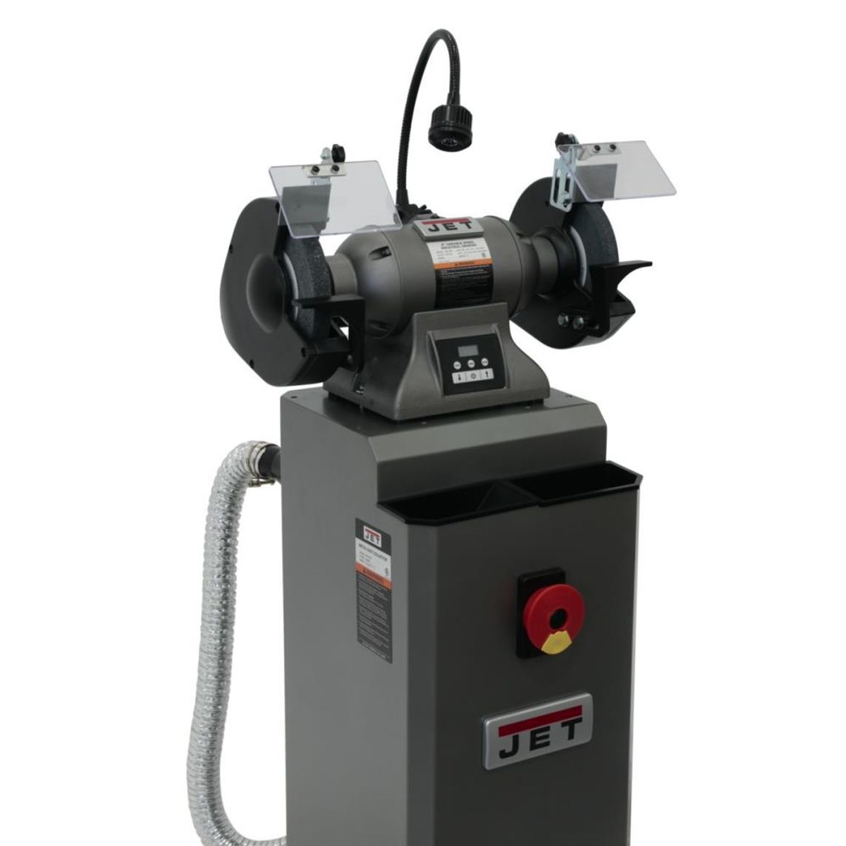 Jet 578208 IBG-8VS 8 Variable Speed Industrial Grinder connected to dust collection at a metalworking station with guards and safety shields installed