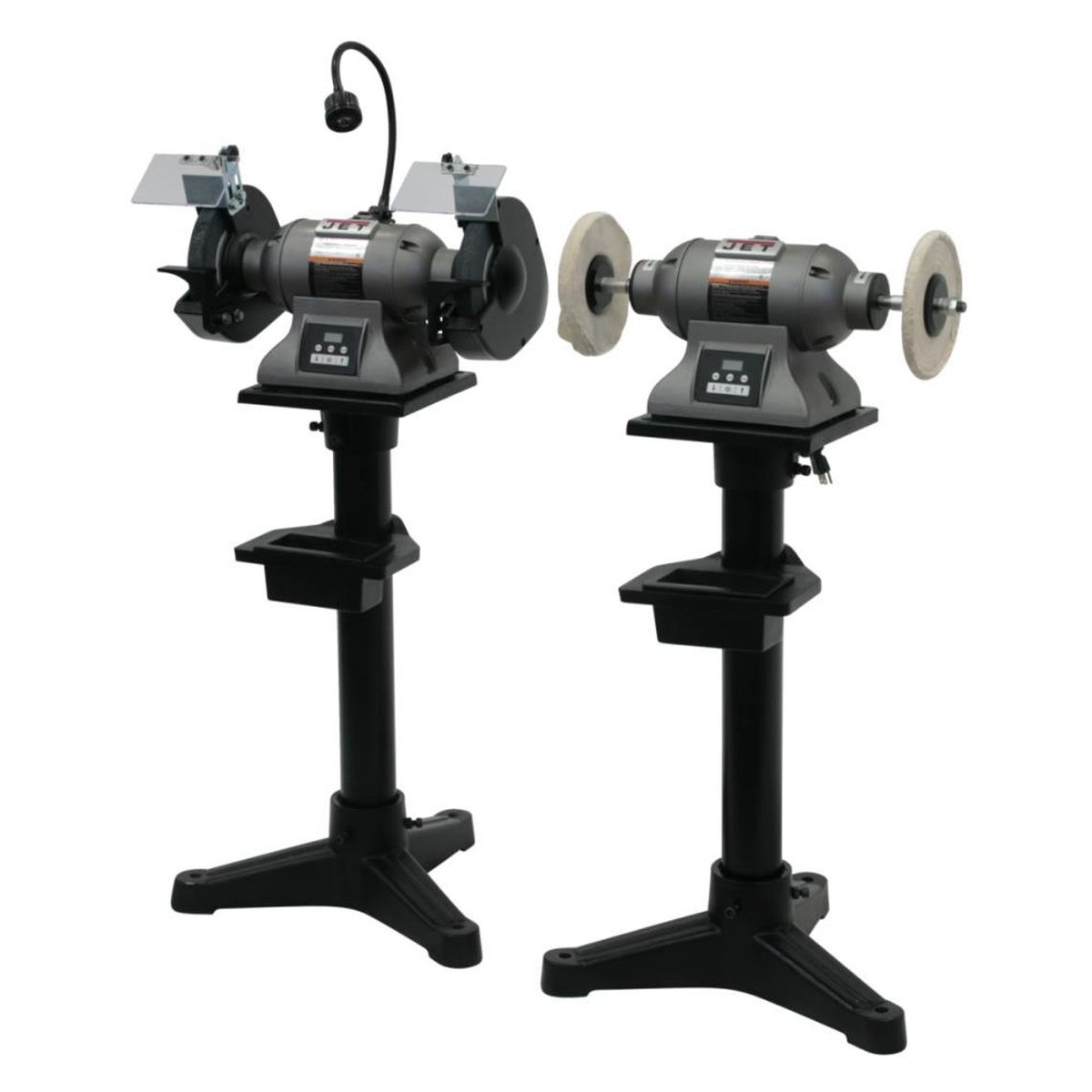 Jet 578208 IBG-8VS 8 Variable Speed Industrial Grinder configured with grinding and buffing style wheel accessories for metal finishing work in a shop