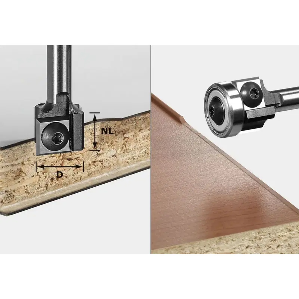 Festool 499806 Straight Edge Trimming Bit HW D19/12, 8mm Shank trimming laminate edge banding flush on a panel in a woodworking shop