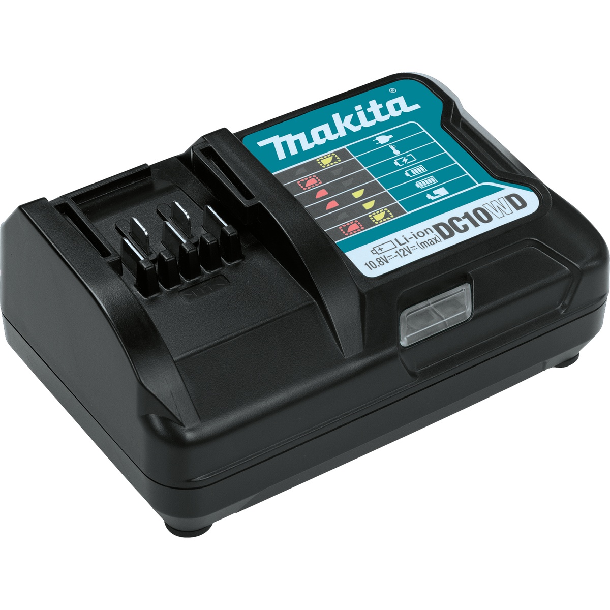 Makita DC10WD charger for the Makita 12V max CXT Lithium-Ion Battery and Charger Starter Pack (2.0Ah) on a bench for charging compact cordless batteries