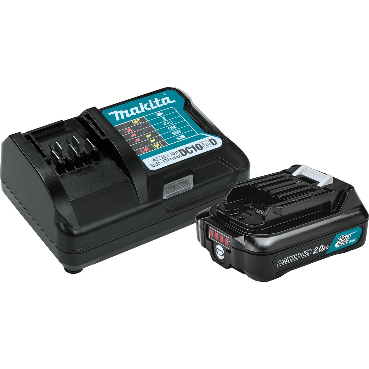 Makita 12V max CXT Lithium-Ion Battery and Charger Starter Pack (2.0Ah) with charger and battery for powering Makita CXT bare tools in a shop or jobsite setup