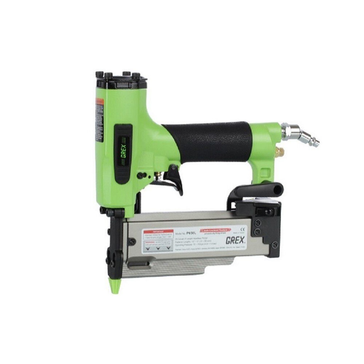 Grex P650LXE 23 Gauge Pin Nailer product view showing the headless pin nailer body, magazine, and nose for trim fastening and cabinetry work in a workshop setting