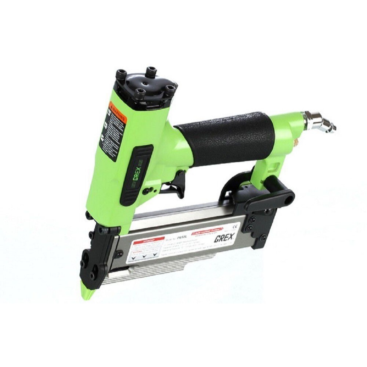 Grex P650LXE 23 Gauge Pin Nailer angled detail view highlighting the compact body, grip, and magazine for precision fastening on finish carpentry jobs