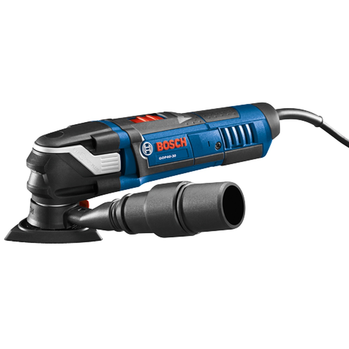 Bosch oscillating multi-tool fitted with the Bosch OSC005 Dust-Extraction Kit for detail sanding with vacuum hose attached