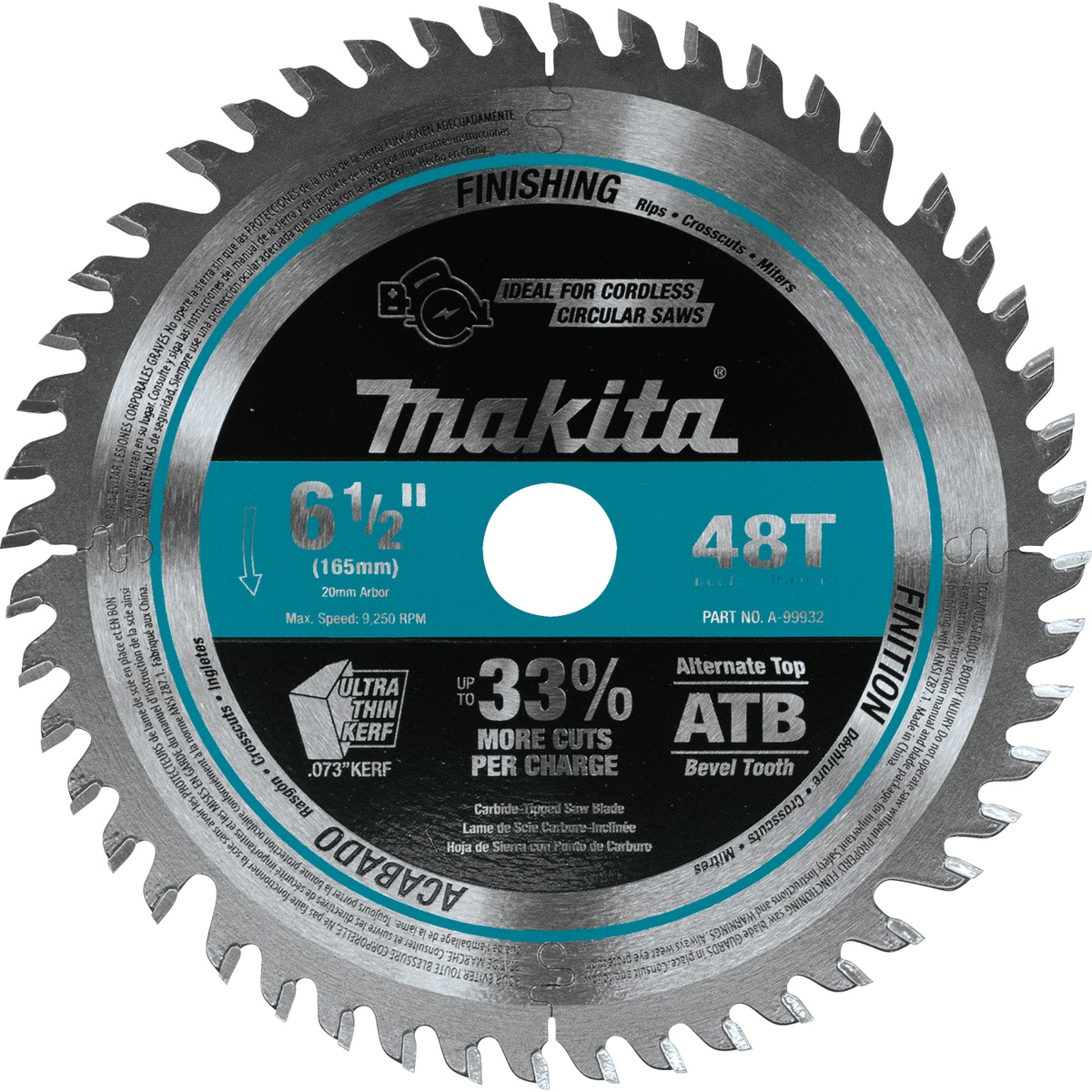 Makita A-99932 6-1/2 inch 48T carbide-tipped cordless plunge saw blade for fine wood cutting and finish work on sheet goods and trim