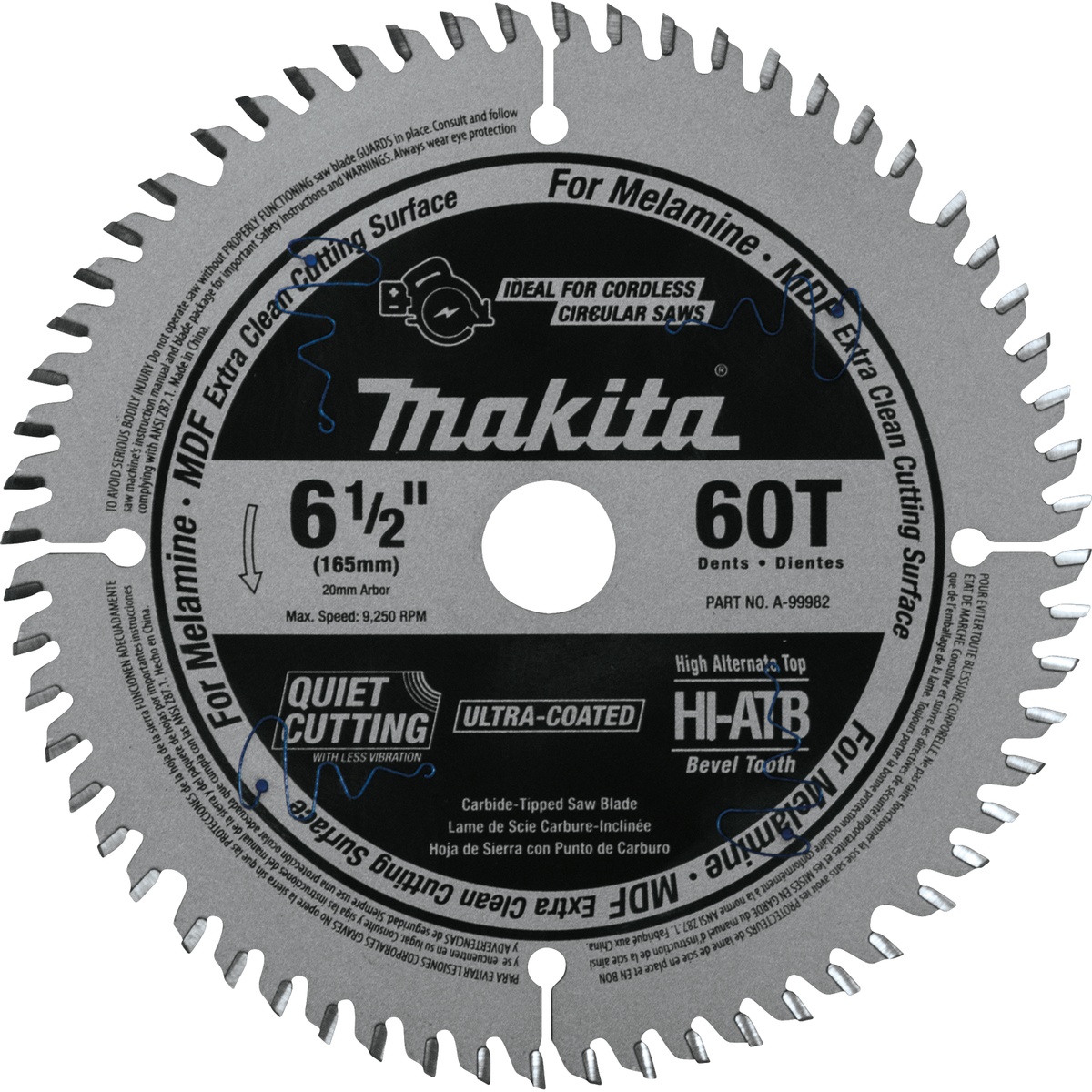 Makita A-99982 6-1/2 inch 60T ATB carbide-tipped cordless plunge saw blade for MDF and laminate cutting in plunge saw applications