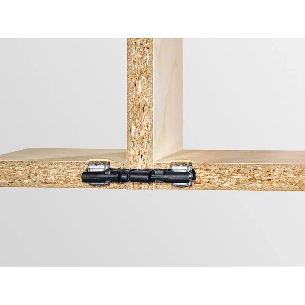 Festool 203167 Domino DF 500 8mm Center Panel Connector installed in particleboard panels for center panel cabinet joinery