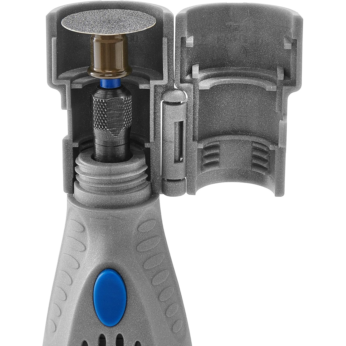 Open Dremel pet grooming nail guard attachment showing internal sanding disc setup and hinged housing for cleaning between grooming sessions