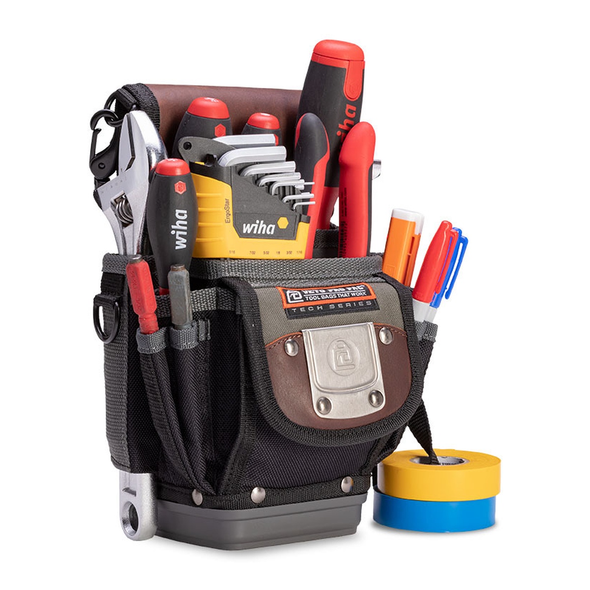 Veto Pro Pac TP3B Clip-On Service Tool Pouch loaded with hand tools, hex keys, markers, and tape for compact service work organization