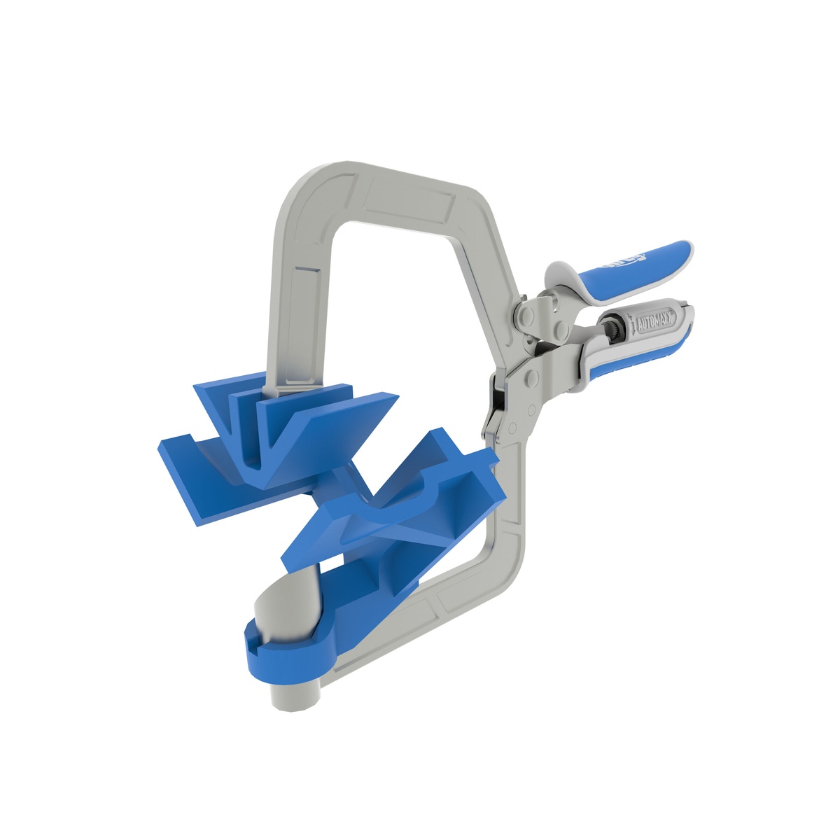 Kreg KHCCC 90-Degree Corner Clamp with V-wedge jaws positioned to hold right-angle wood assembly parts during cabinet and box building