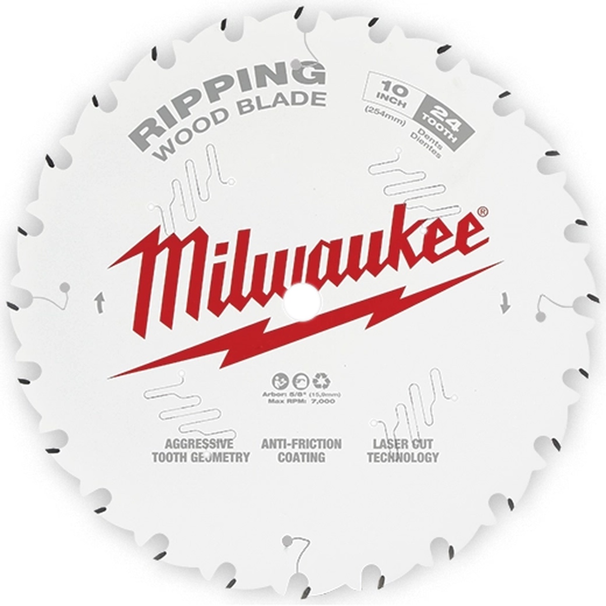Milwaukee 48-40-1020 ripping circular saw blade front view for wood cutting with 10 inch diameter and 24 tooth layout for fast rip cuts in jobsite lumber