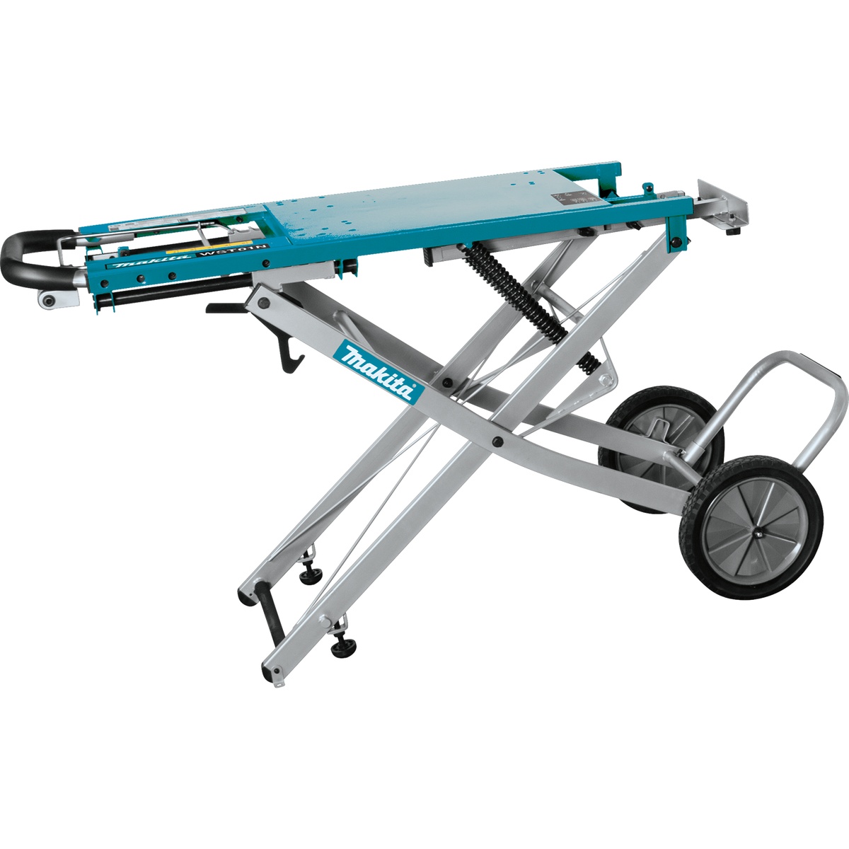 Makita WST01N Large Rising Base Miter Saw Stand set up for trim cutting with wheeled base, rising support frame, and long material support for jobsite miter saw work