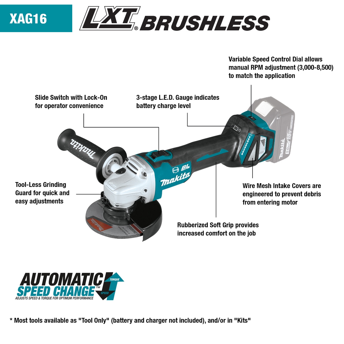 Makita XAG16Z 18V LXT Brushless 4-1/2 in. / 5 in. cordless angle grinder showing variable speed dial, slide switch, battery gauge, and tool-less guard for grinding and cut-off work on the jobsite