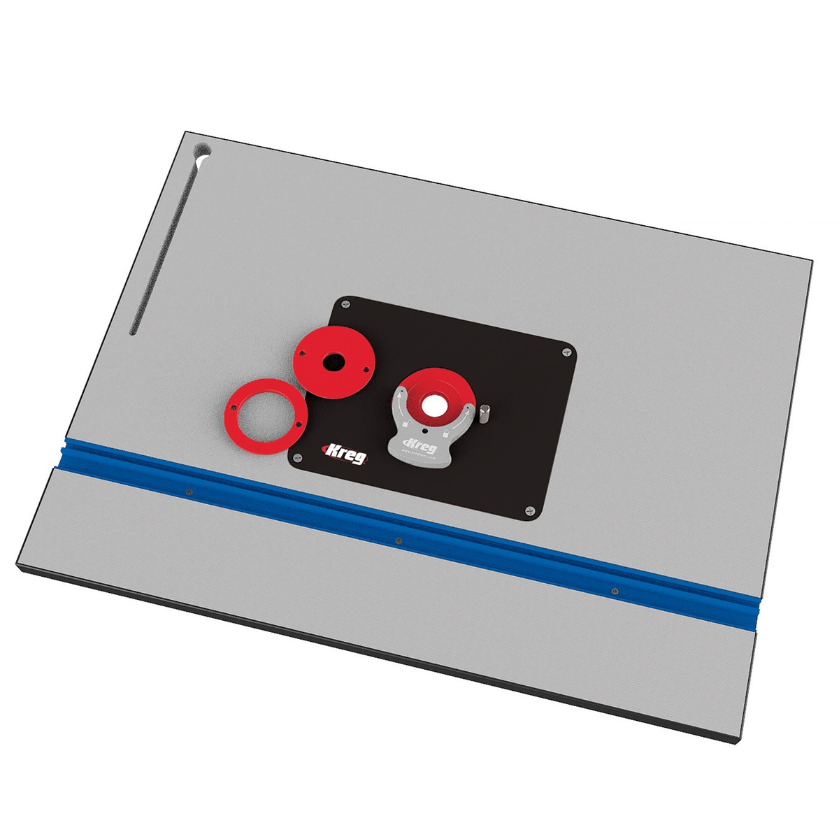 Kreg PRS1025 Router Table Top on a woodworking bench setup with insert plate and reducing rings for stationary routing work