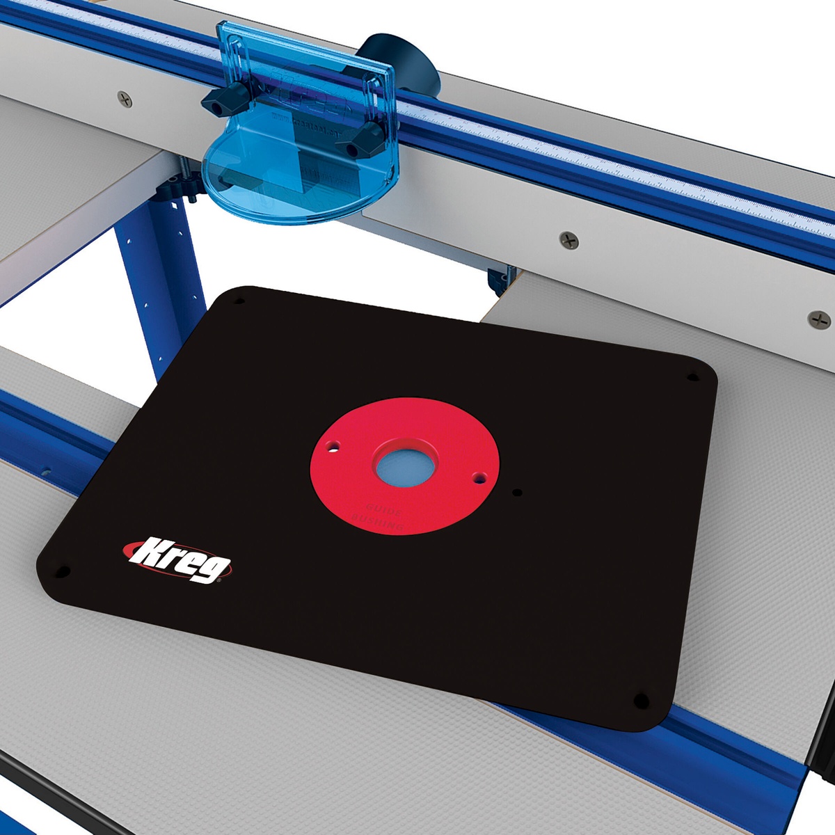 Kreg PRS1025 Router Table Top insert plate and reducing ring installed with fence and guard for precision woodworking routing