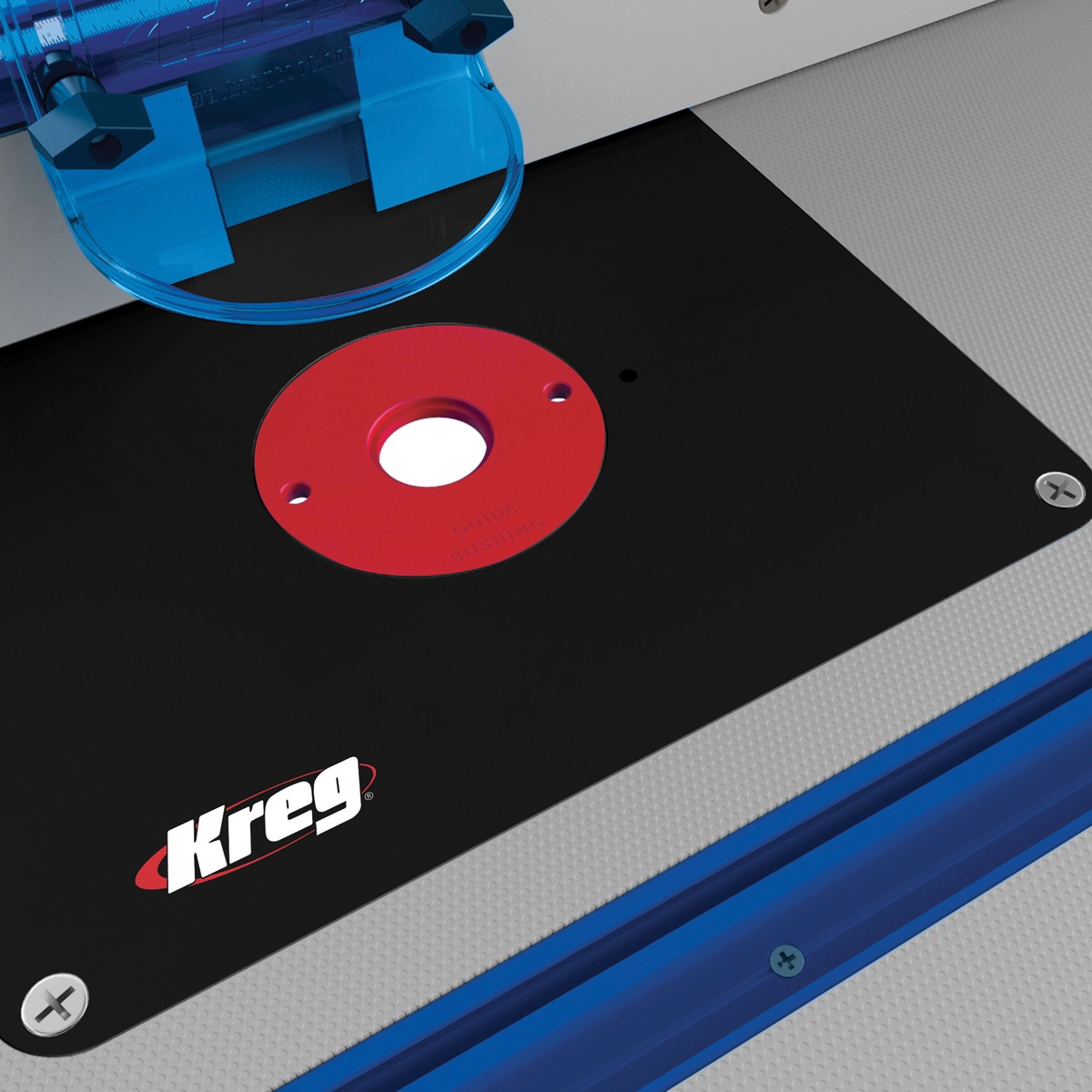 Kreg PRS1025 Router Table Top insert plate installed in a router table for controlled edge routing in a woodworking shop