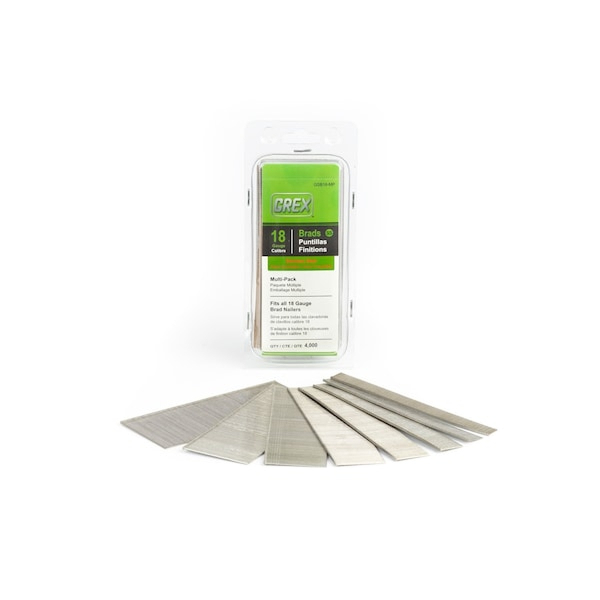 Grex GSB18-MP 18-gauge brad nail multi pack with assorted stainless steel brad strips for finish fastening and trim work in a workshop or jobsite setting