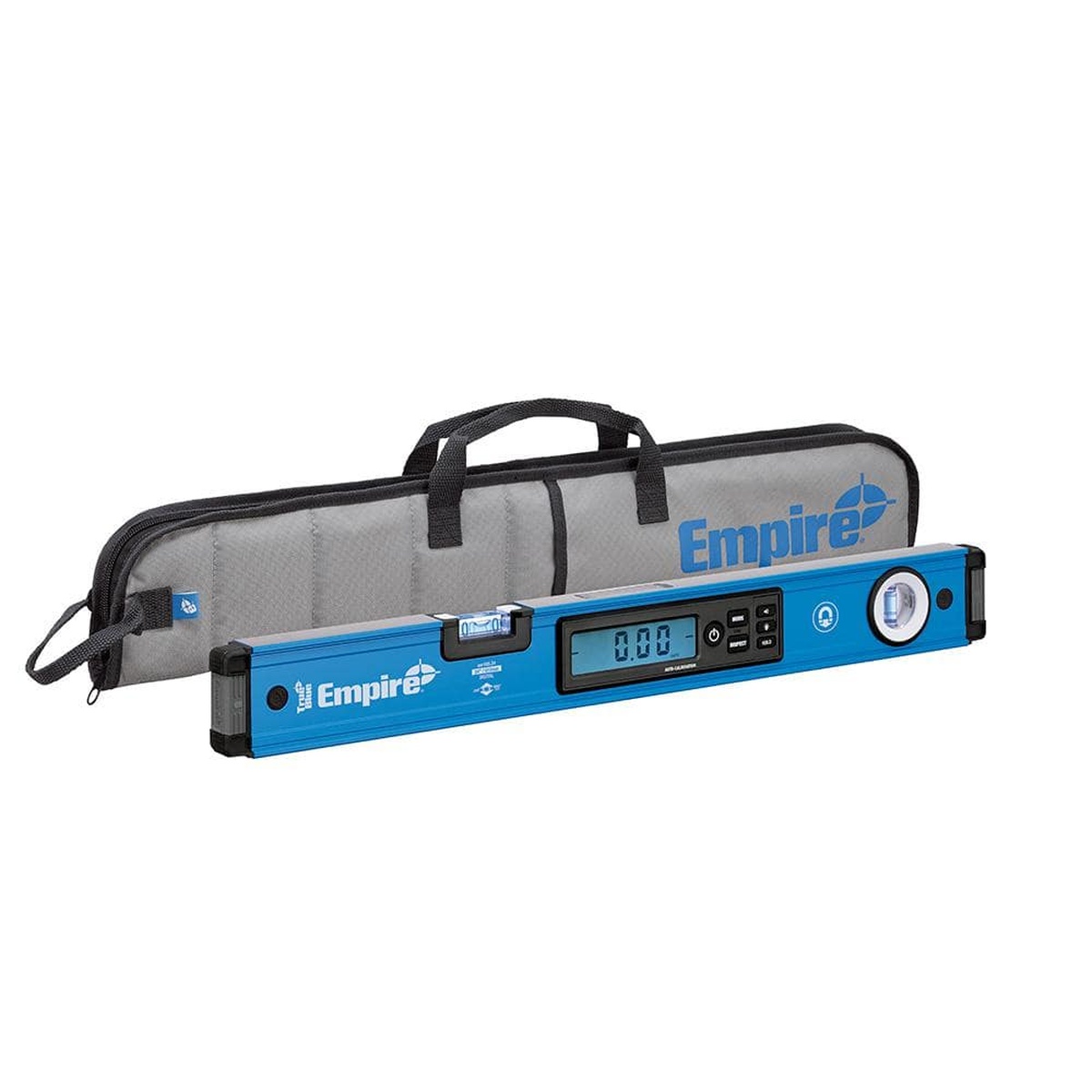 Empire 24 in. True Blue Magnetic Digital Box Level with Case positioned for layout work with included storage case on a jobsite-ready surface