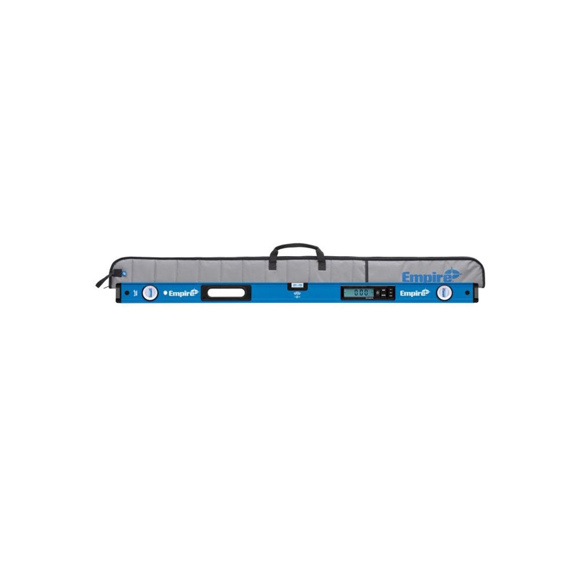 Empire E105.48 48-Inch Digital Box Level with case showing digital display and full 48-inch beam for transport and storage