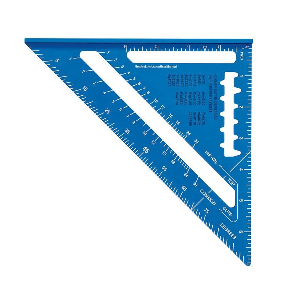 Empire E2994 7 in. Laser Etched Aluminum Rafter Square full view showing scribe notches and conversion tables for repeated carpentry marks on framing material