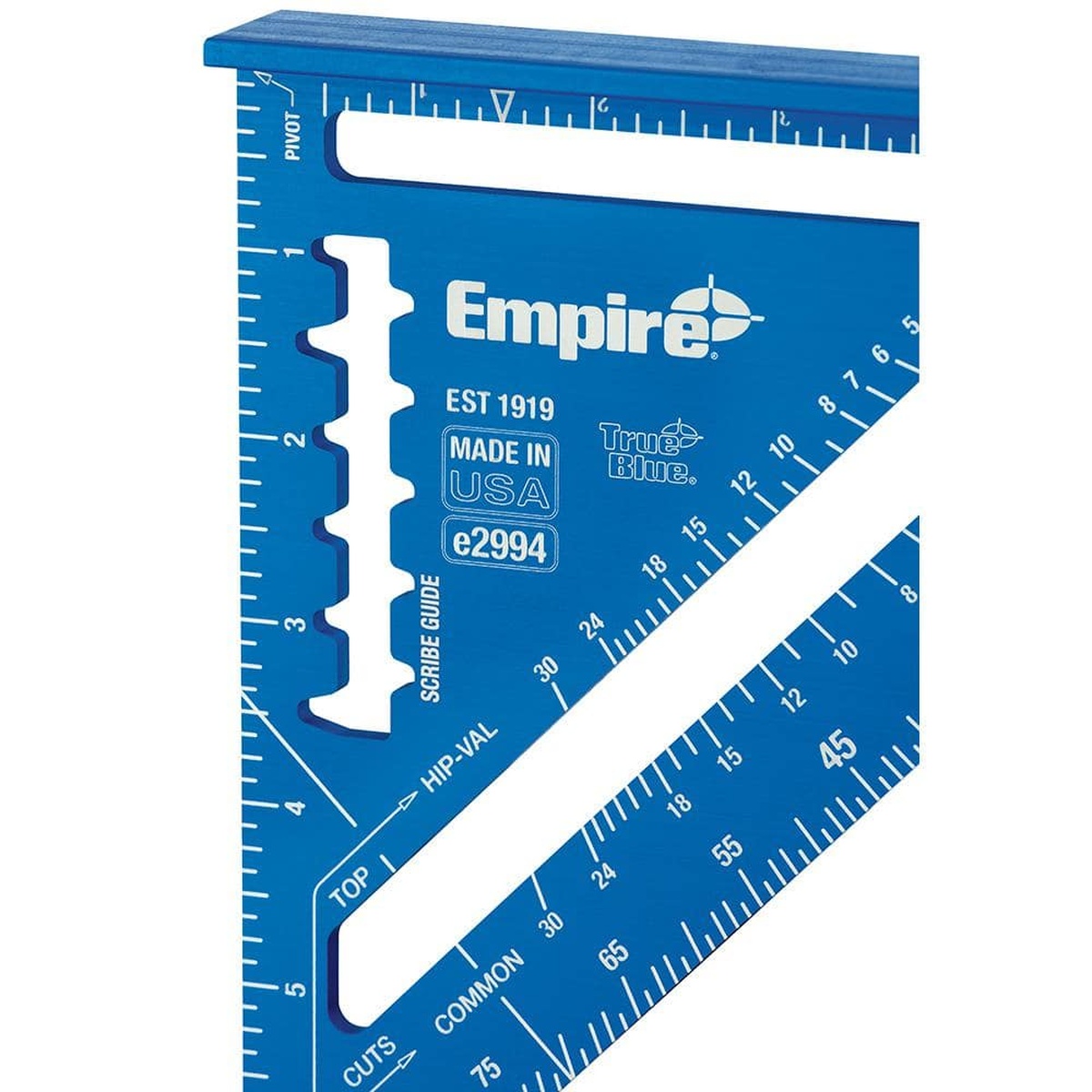Empire E2994 7 in. Laser Etched Aluminum Rafter Square close-up showing laser etched layout markings and scribe guide detail for carpentry layout work on a jobsite