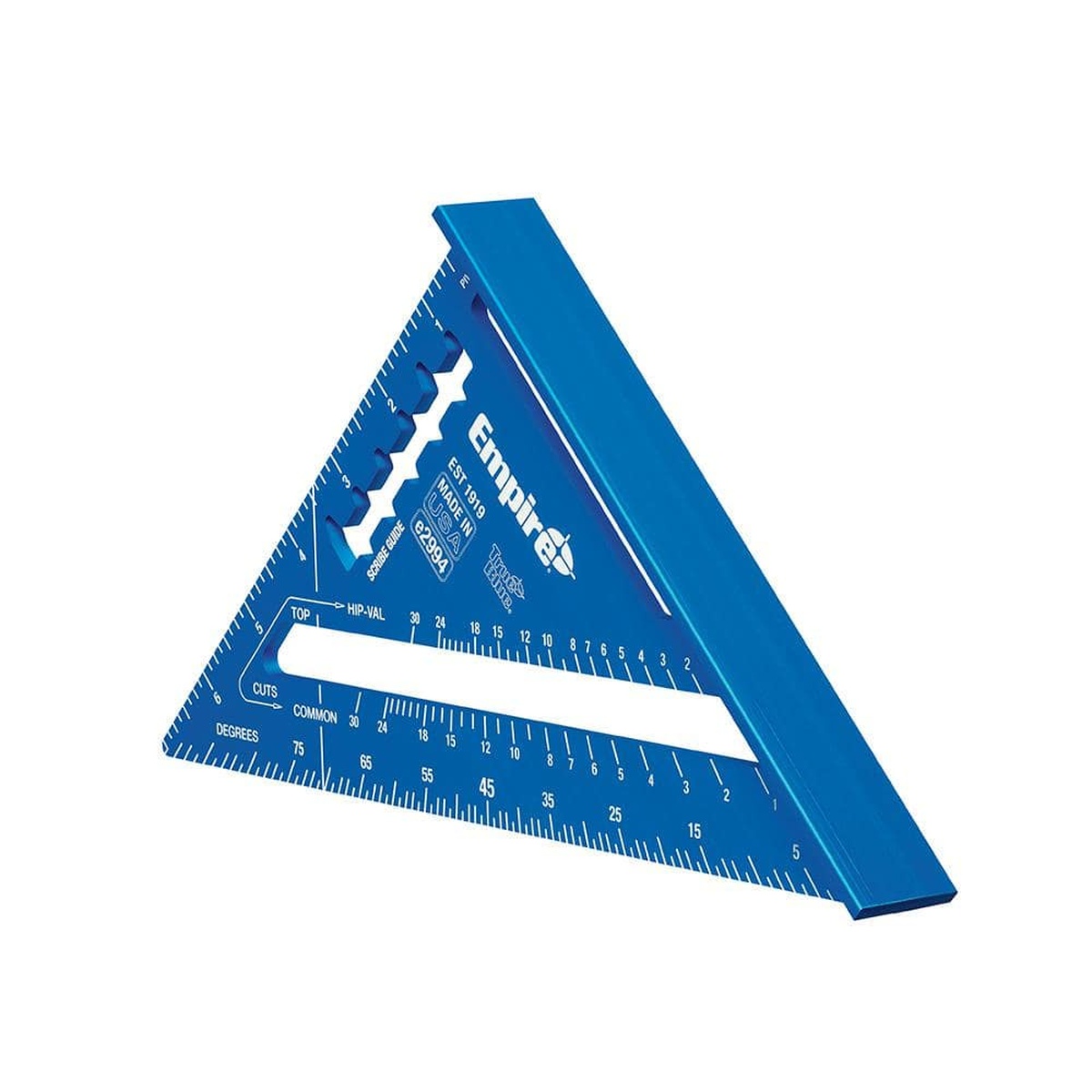 Empire E2994 7 in. Laser Etched Aluminum Rafter Square angled product view highlighting thick anodized aluminum body used for saw guiding and framing layout