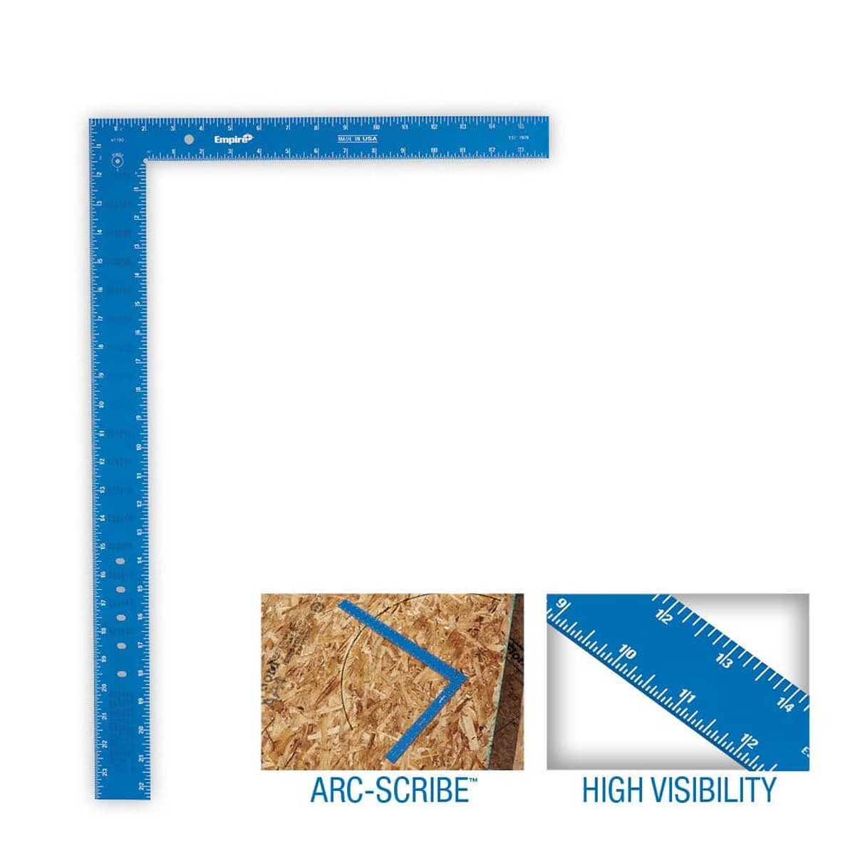 Empire 1190 16-in. x 24-in. True Blue Laser Etched Framing Square with laser etched measurement markings for framing and layout work on the jobsite