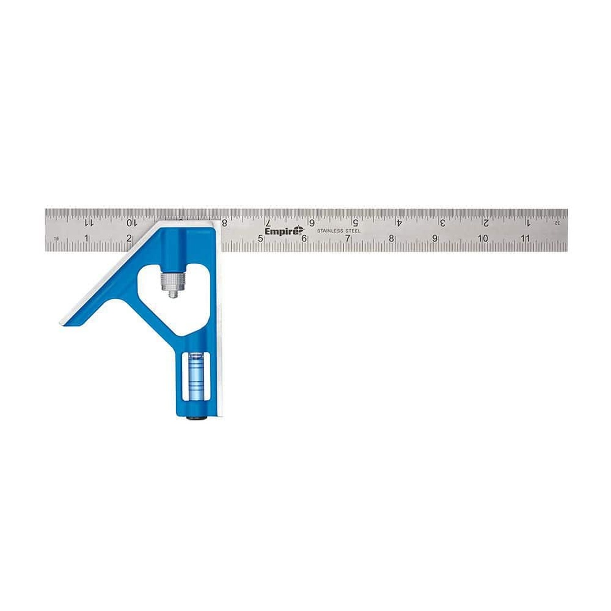 Empire E250 12 in. Combination Square with stainless steel blade extended for woodworking and layout measurements on a shop bench