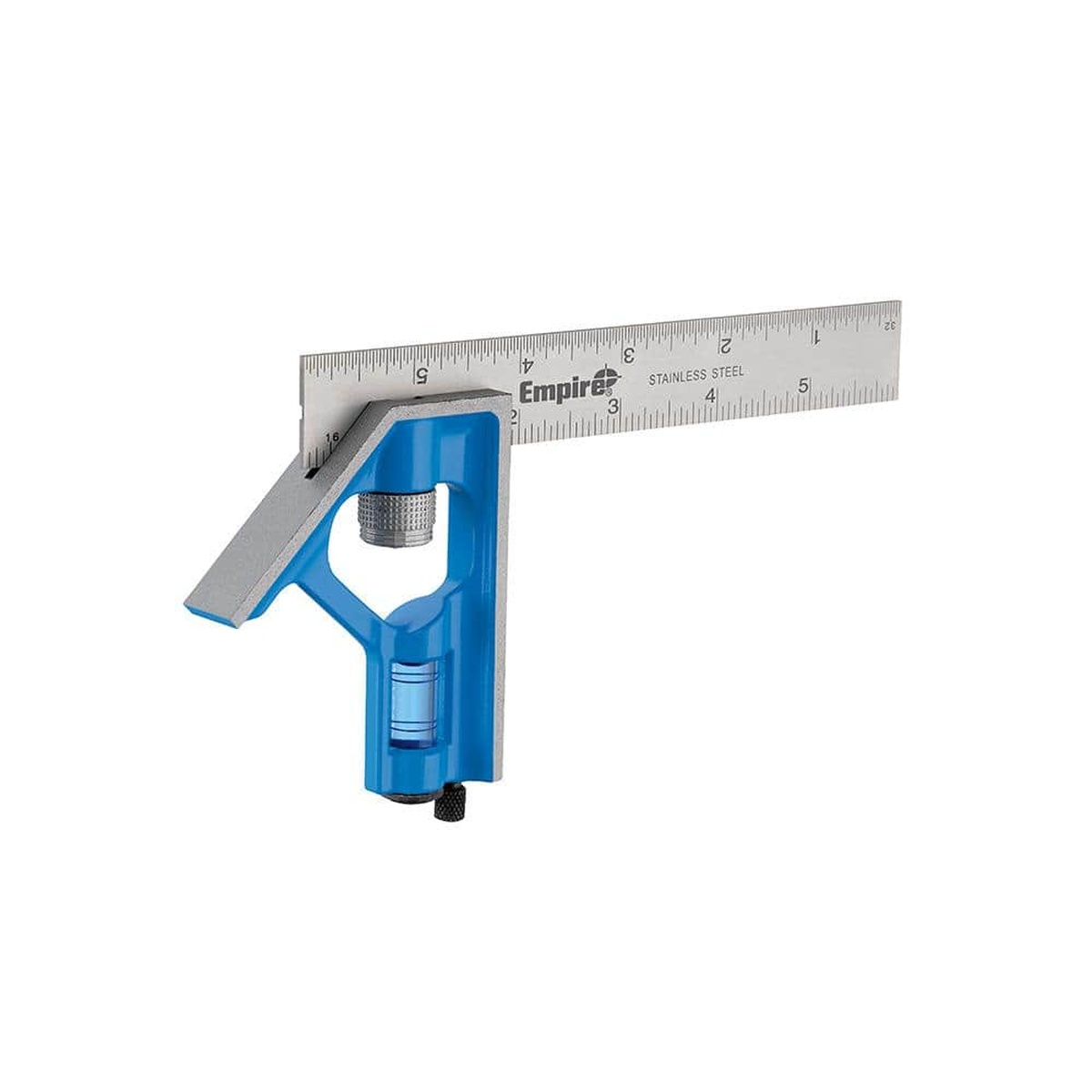 Empire E255 6 in. True Blue Blade Pocket Combination Square set at an angle for checking 45 degree layout and square reference on woodworking and remodeling tasks