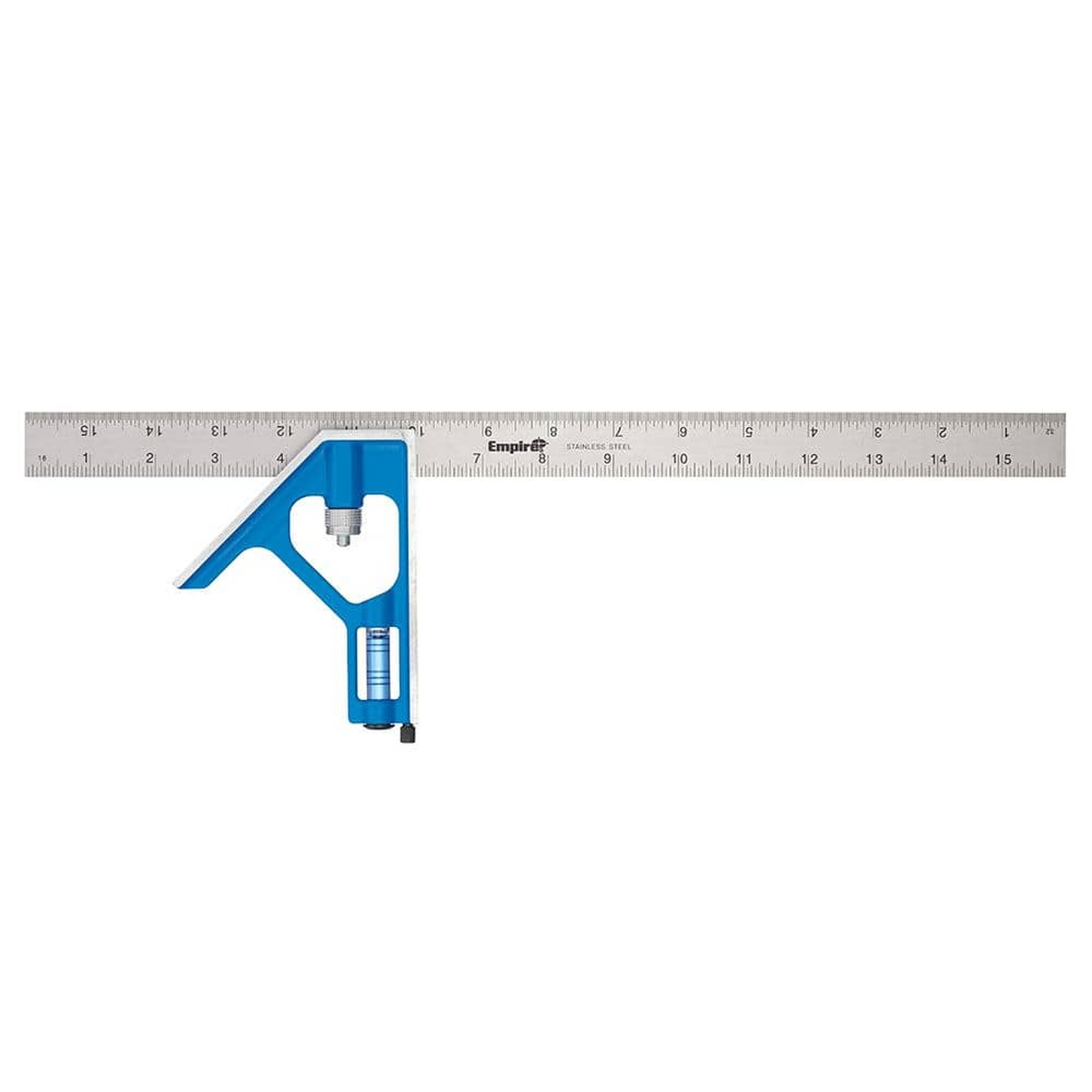 Empire E280 16-inch True Blue Combination Square set on a measuring position for carpentry layout and bench work