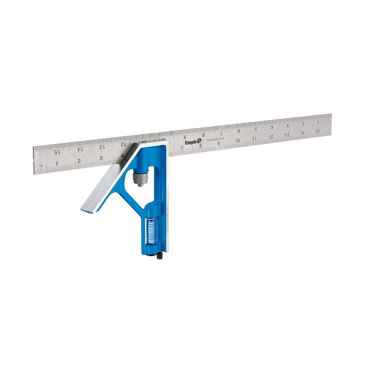 Empire E280 16-inch True Blue Combination Square adjusted for angle and marking tasks in woodworking and trim installation