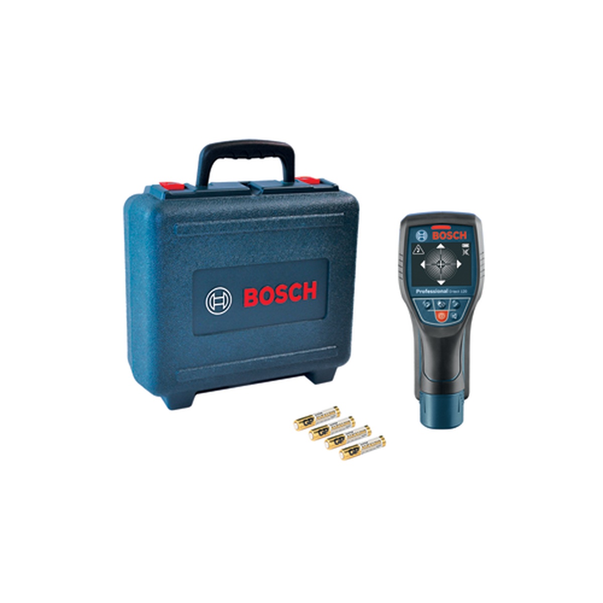 Bosch D-Tect 120 Wall/Floor Scanner with hard carry case and four AA batteries for jobsite transport and storage