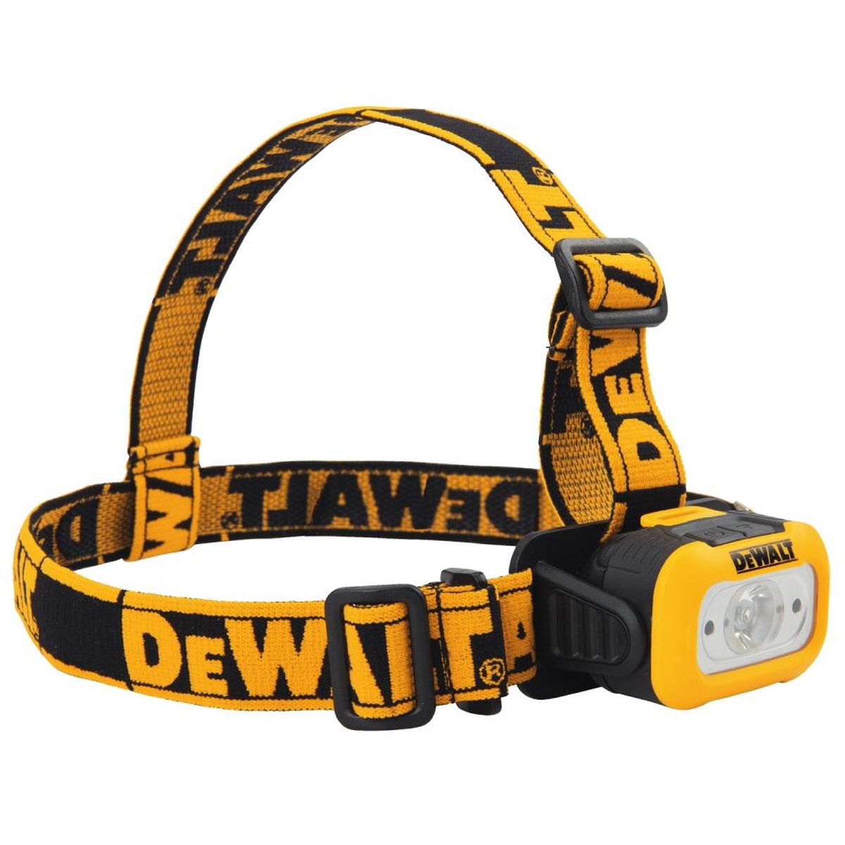 DEWALT DWHT81424 200-Lumen LED Headlamp angled view showing adjustable anti-slip strap and pivoting light for jobsite repair work and hard hat use