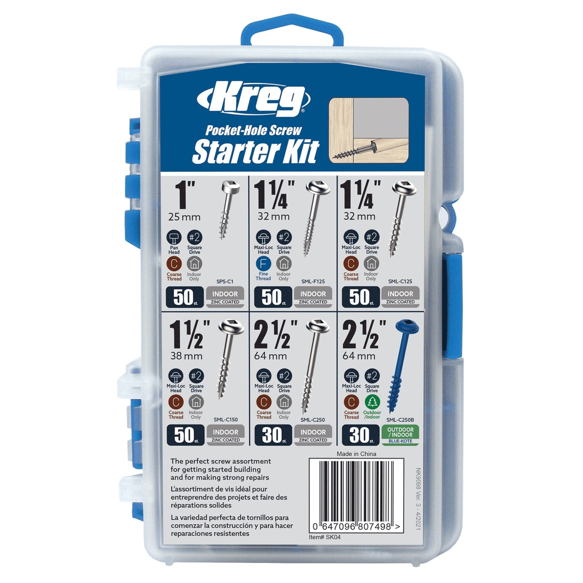 Kreg Tool SK04 Pocket-Hole Screw Starter Kit in organized carry case with six pocket-hole screw sizes for woodworking and repair work