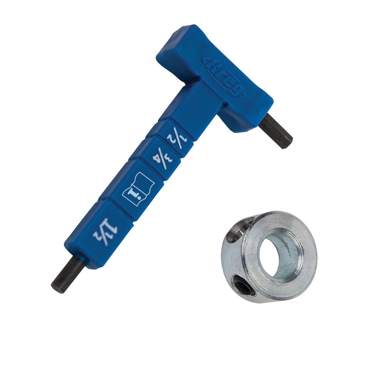Kreg Easy-Set Stop Collar & Material Thickness Gauge/Hex Wrench Kit showing gauge markings and built-in hex wrench for pocket-hole jig setup at a woodworking bench