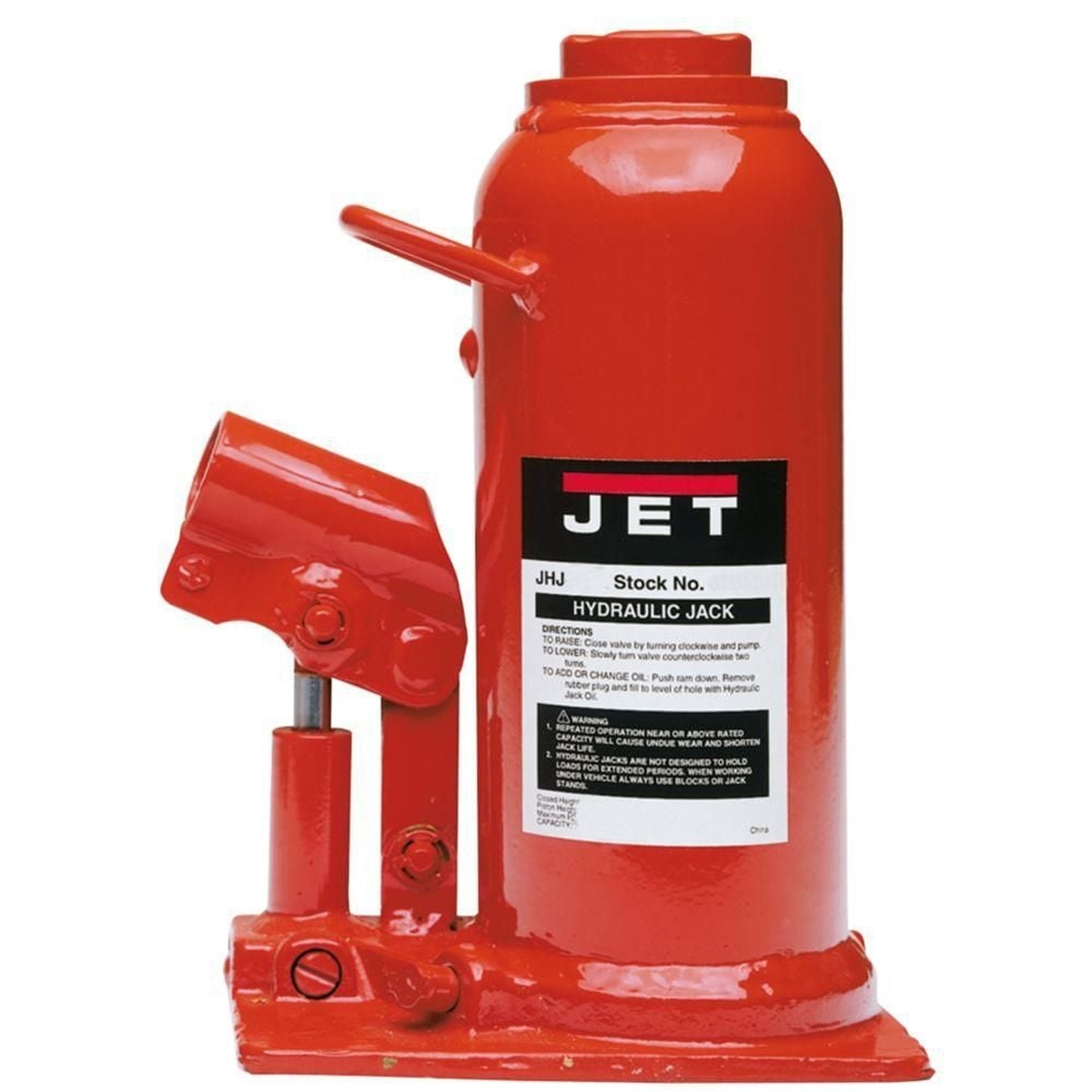 Jet 453308 JHJ-8 8 Ton Hydraulic Bottle Jack on a shop floor setup for heavy lifting and service work