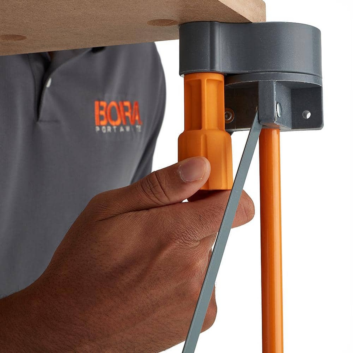 Bora CK12S Centipede Work Support Sawhorse detail showing polymer P-Top accessory point used to secure a work surface during shop setup
