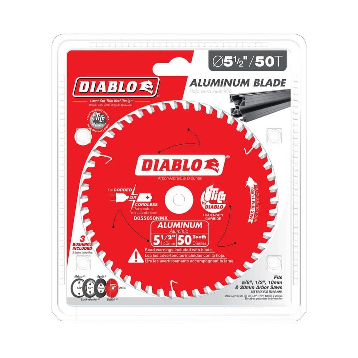Diablo D055050NMX 5-1/2 in. x 50-Tooth Circular Saw Blade for Aluminum in retail package with arbor bushings for multiple trim saw fits