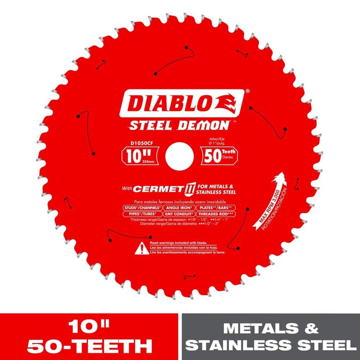Diablo D1050CF 10 in. x 50-Tooth Steel Demon Cermet II Saw Blade for Medium Metal shown as a metal cutting saw blade for dedicated low RPM saw use in shop and jobsite metal fabrication