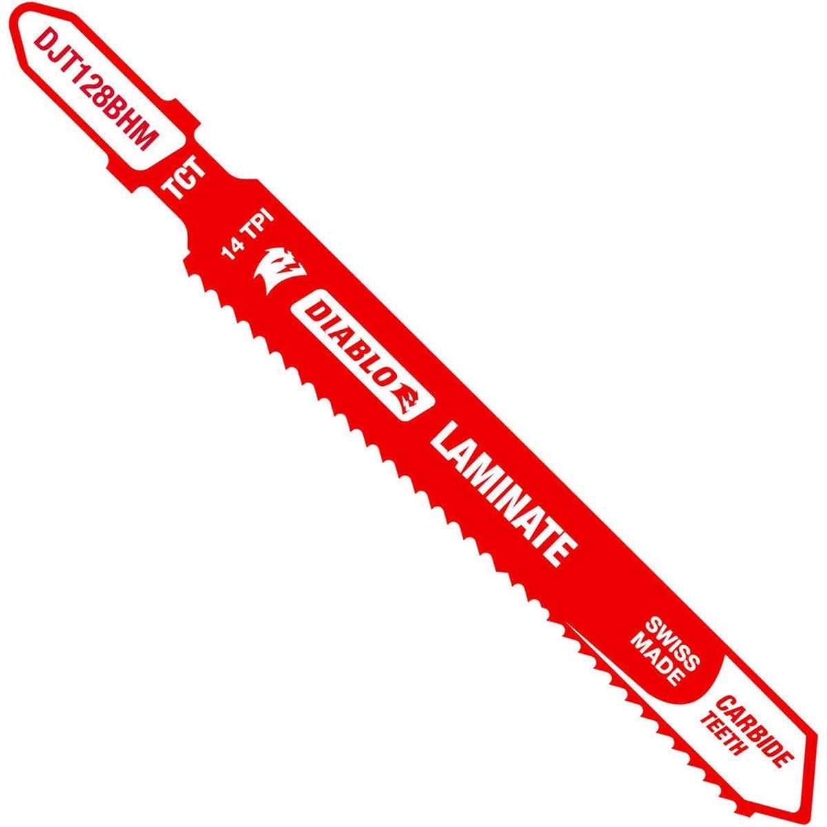 Diablo DJT128BHM 3-5/8-Inch 14 TPI Carbide T-Shank Jig Saw Blade for Laminate shown as a carbide laminate cutting jigsaw accessory for flooring and trim work